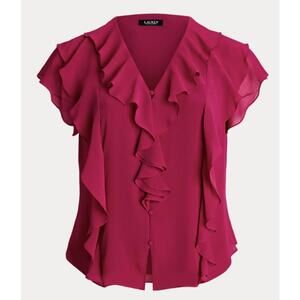 Lauren Ralph Lauren Ruffle-Trim Crinkle Georgette Blouse, Pink, Women's XXL